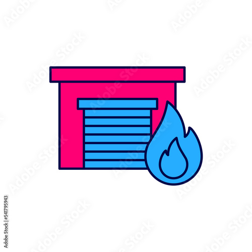 Filled outline Fire in burning garage icon isolated on white background. Vector