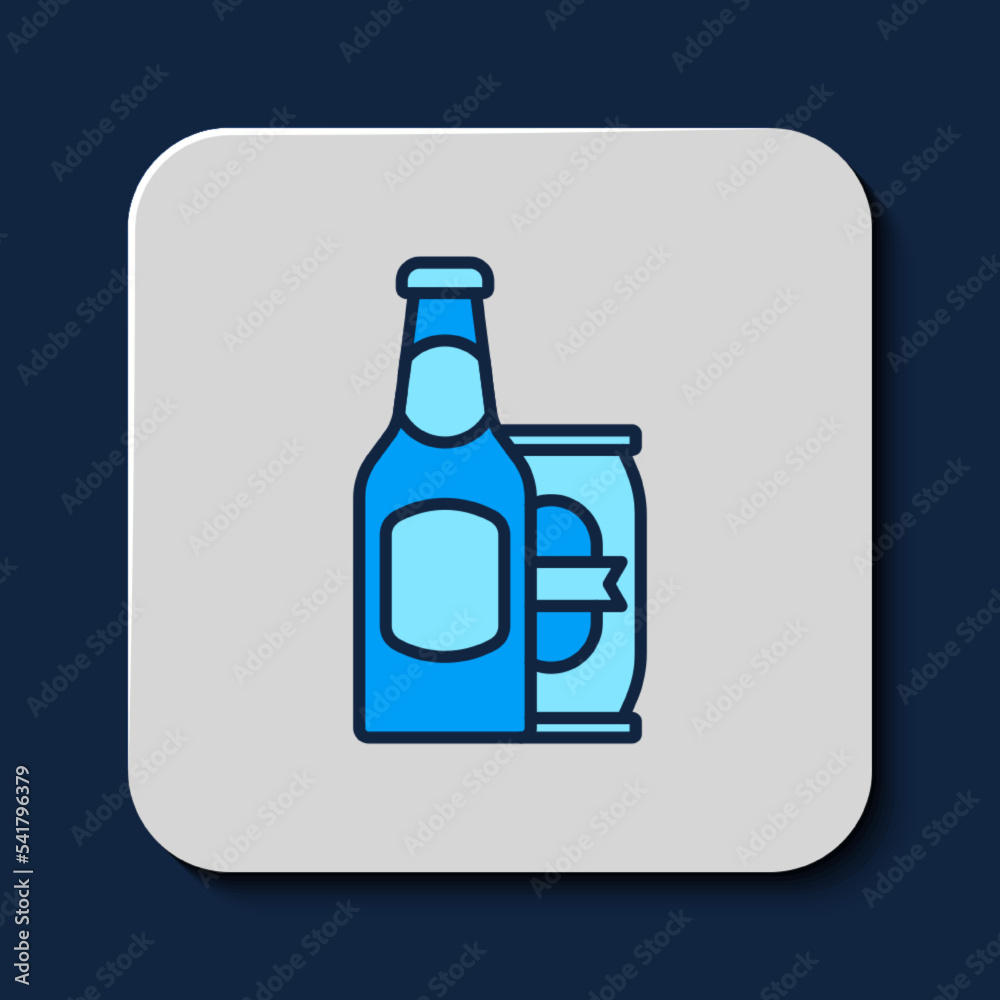 Filled outline Beer bottle and beer can icon isolated on blue background. Vector Filled outline Beer bottle and beer can icon isolated on blue background. Vector