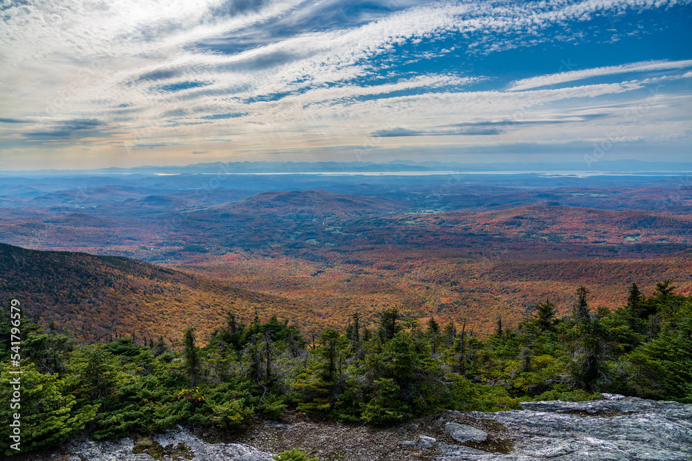 View from the summit of Mount Mansfield near Stowe in Vermont towards Lake Champlain and Adirondacks