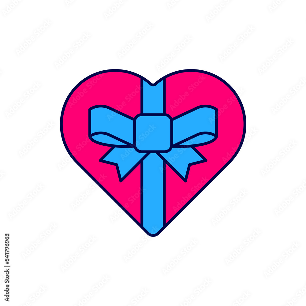 Filled outline Candy in heart shaped box and bow icon isolated on white background. Valentines Day. Vector