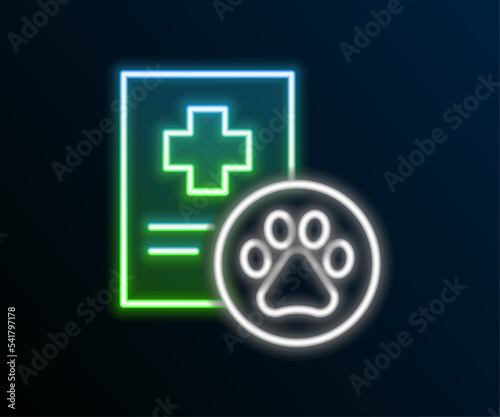 Glowing neon line Clipboard with medical clinical record pet icon isolated on black background. Health insurance form. Medical check marks report. Colorful outline concept. Vector