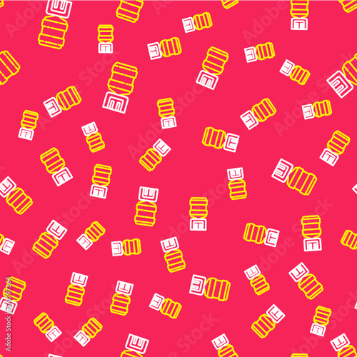 Line Water cooler for office and home icon isolated seamless pattern on red background. Water dispenser. Bottle office, plastic and liquid. Vector
