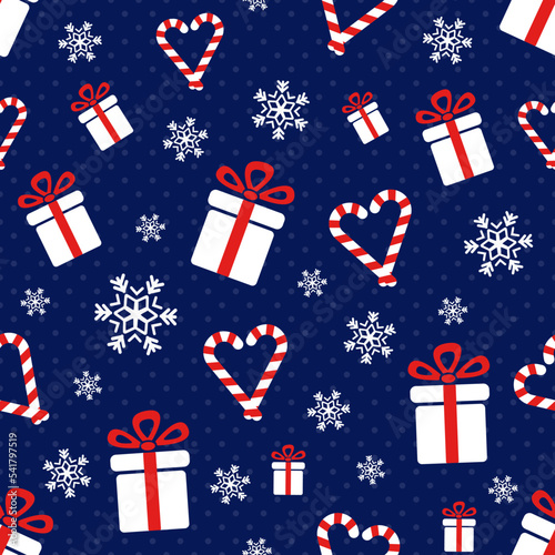 Christmas presents. Seamless vector illustration with gift boxes, candy canes and snowflakes. Winter backdrop