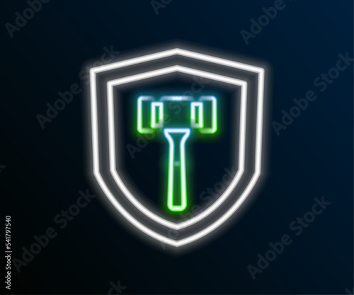 Glowing neon line Auction hammer icon isolated on black background. Gavel - hammer of judge or auctioneer. Bidding process, deal done. Auction bidding. Colorful outline concept. Vector