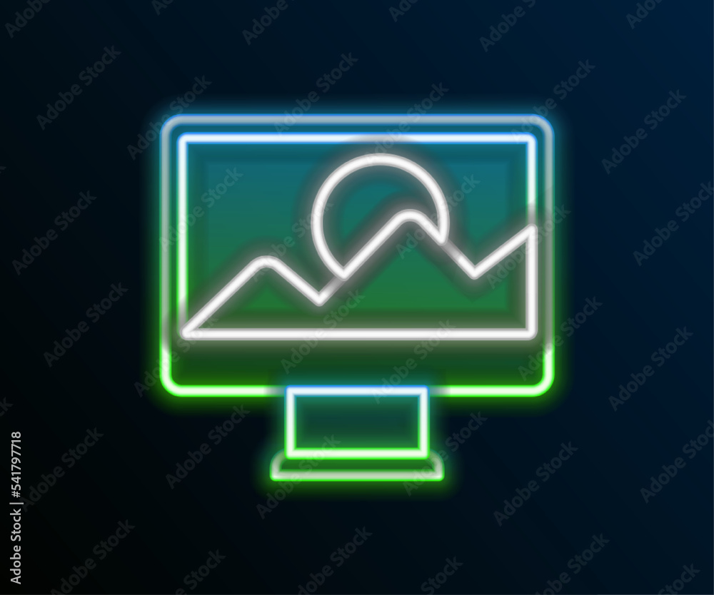Glowing neon line Photo retouching icon isolated on black background. Photographer, photography, retouch icon. Colorful outline concept. Vector