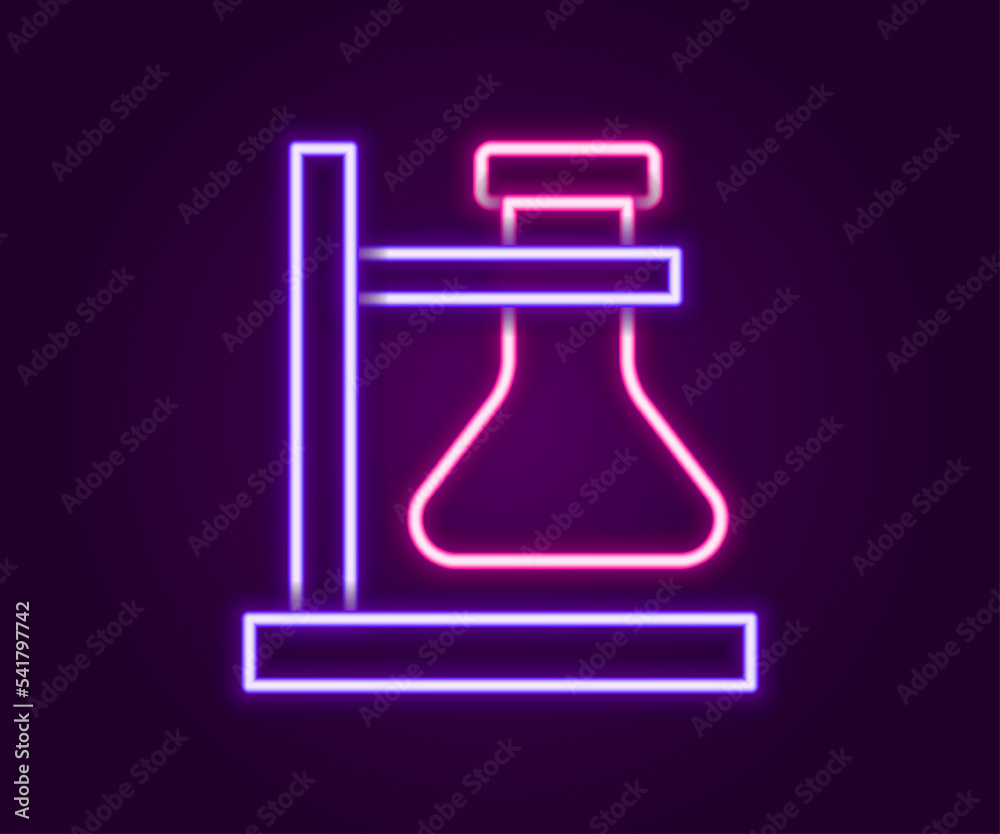 Glowing neon line Glass test tube flask on stand icon isolated on black background. Laboratory equipment. Colorful outline concept. Vector Glowing neon line Glass test tube flask on stand icon isolated on black background. Laboratory equipment. Colorful outline concept. Vector