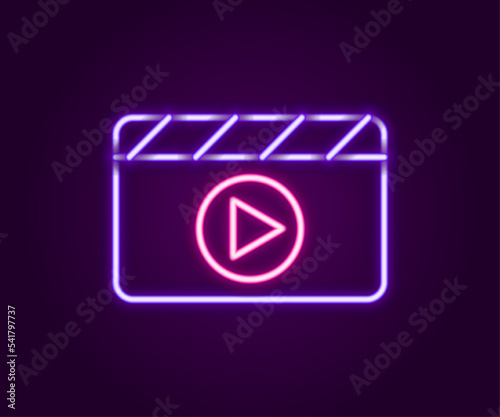 Glowing neon line Movie clapper icon isolated on black background. Film clapper board. Clapperboard sign. Cinema production or media industry. Colorful outline concept. Vector