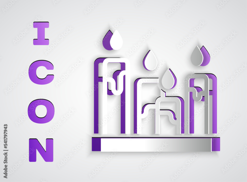 Paper cut Burning candle icon isolated on grey background. Cylindrical aromatic candle stick with burning flame. Happy Halloween party. Paper art style. Vector Paper cut Burning candle icon isolated on grey background. Cylindrical aromatic candle stick with burning flame. Happy Halloween party. Paper art style. Vector