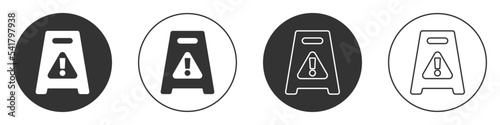 Black Wet floor and cleaning in progress icon isolated on white background. Cleaning service concept. Circle button. Vector