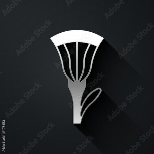 Silver Egyptian lotus icon isolated on black background. Long shadow style. Vector