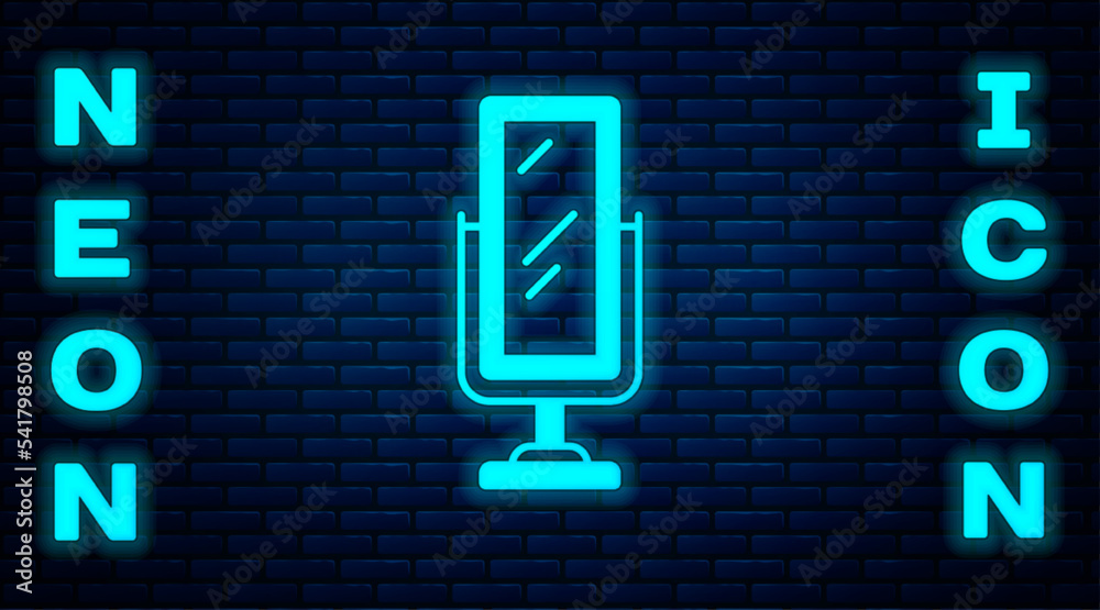Glowing neon Big full length mirror for bedroom, shops, backstage icon isolated on brick wall background. Vector Glowing neon Big full length mirror for bedroom, shops, backstage icon isolated on brick wall background. Vector