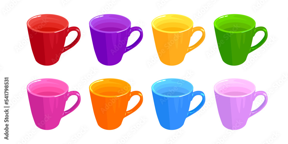 Set of empty cups in different colors isolated on white background