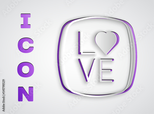 Paper cut Love text icon isolated on grey background. Valentines day greeting card template. Paper art style. Vector