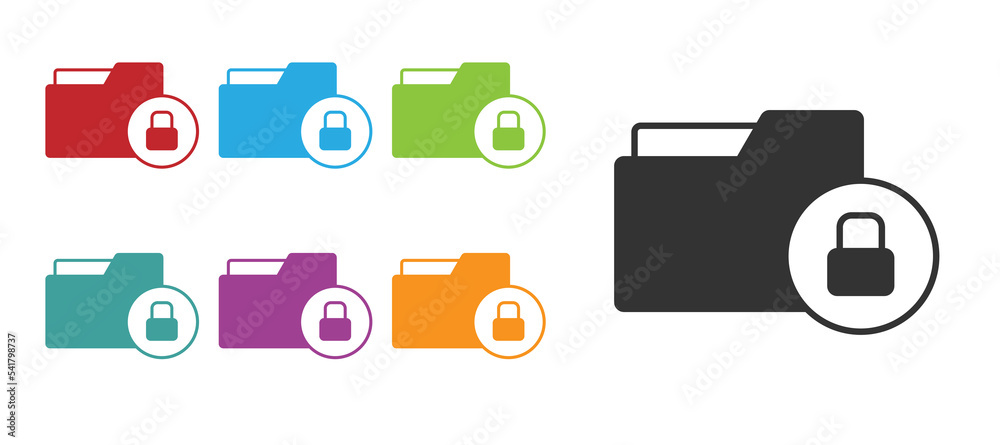 Black Folder and lock icon isolated on white background. Closed folder and padlock. Security, safety, protection concept. Set icons colorful. Vector Black Folder and lock icon isolated on white background. Closed folder and padlock. Security, safety, protection concept. Set icons colorful. Vector