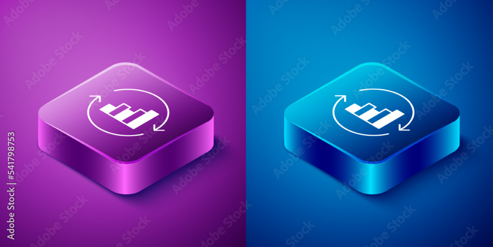 Isometric Pie chart infographic icon isolated on blue and purple background. Diagram chart sign. Square button. Vector Isometric Pie chart infographic icon isolated on blue and purple background. Diagram chart sign. Square button. Vector