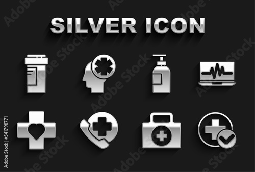 Set Emergency phone call to hospital, Laptop with cardiogram, Cross medical, First aid kit, Heart cross, Hand sanitizer bottle, Medicine and Male head icon. Vector