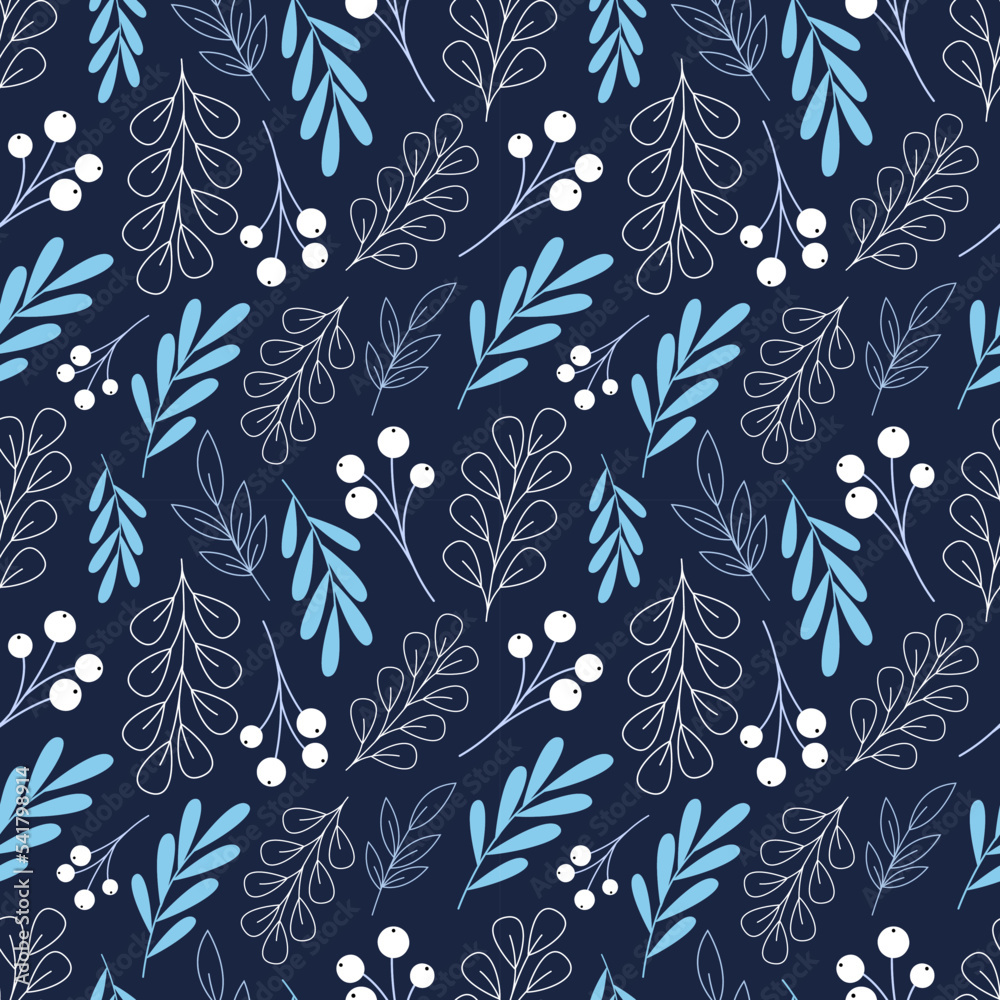 Winter seamless pattern with branches and leaves with berries in flat style