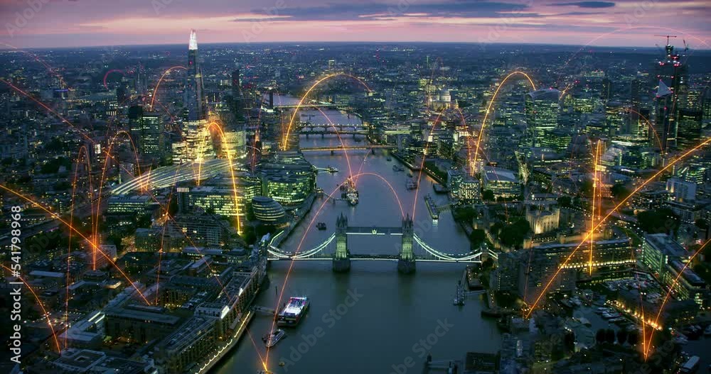 Wireless Connections Over London. Holographic Lines Connecting A Smart City. Futuristic Network. Representing Concepts As: Smart City, IOT, AI, Cloud Computing, Wireless Technology. Shot In 8K.