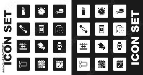 Set Tape measure, Anabolic drugs, Dumbbell, Fitness shaker, Shower head, Stopwatch, Smart and Bench with barbel icon. Vector