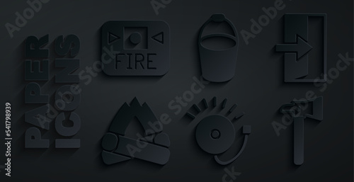Set Ringing alarm bell, Fire exit, Campfire, Firefighter axe, bucket and system icon. Vector