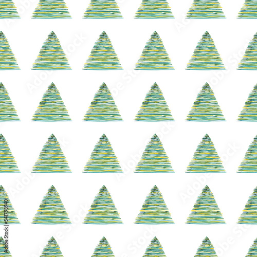 Green watercolor tree pattern. Summer flora background. Beautiful plant illustration. Sketch texture hand drawing art. Fir woods aquarelle card. Design pine elements. Isolated background