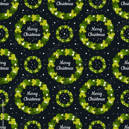 Christmas vector pattern design with wreath and white berries, holiday seamless background for wrapping paper, banners, cards, gifts in flat style