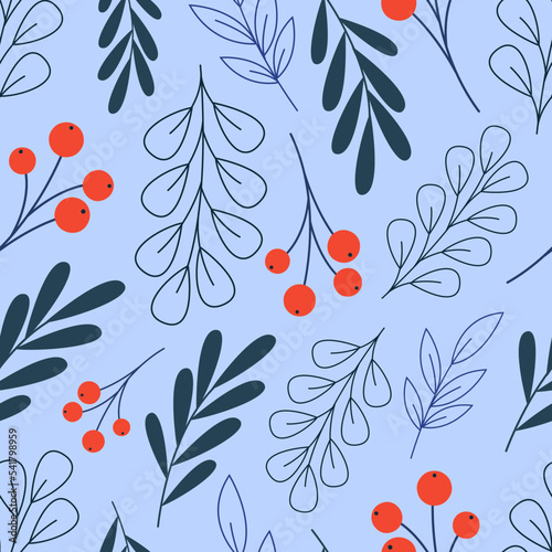 Winter floral pattern. Vector seamless background with minimalistic leaves and berries in flat style.