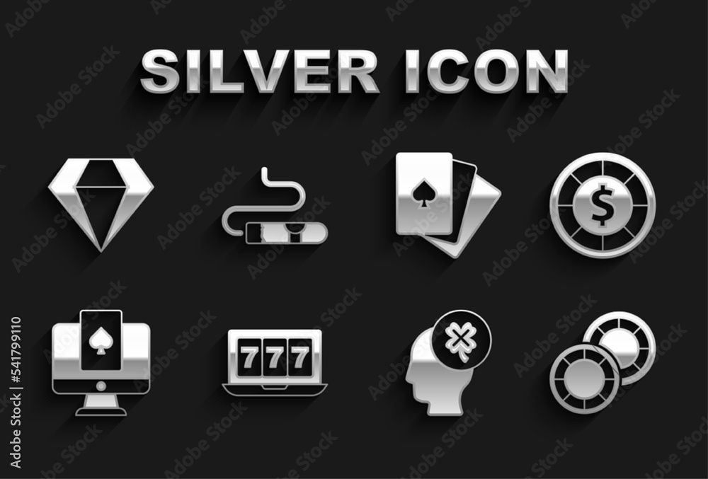 Set Online slot machine with jackpot, Casino chips, clover, poker table game, Deck of playing cards, Diamond and Cigar icon. Vector Set Online slot machine with jackpot, Casino chips, clover, poker table game, Deck of playing cards, Diamond and Cigar icon. Vector