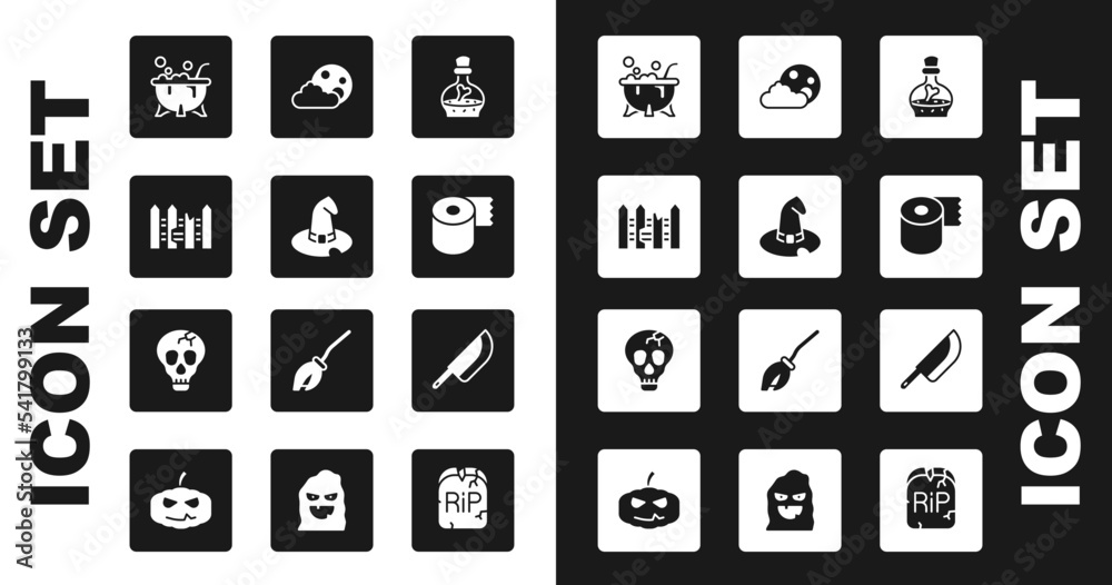 Set Bottle with potion, Witch hat, Garden fence wooden, Halloween witch cauldron, Toilet paper roll, Moon and stars, Knife and Skull icon. Vector Set Bottle with potion, Witch hat, Garden fence wooden, Halloween witch cauldron, Toilet paper roll, Moon and stars, Knife and Skull icon. Vector
