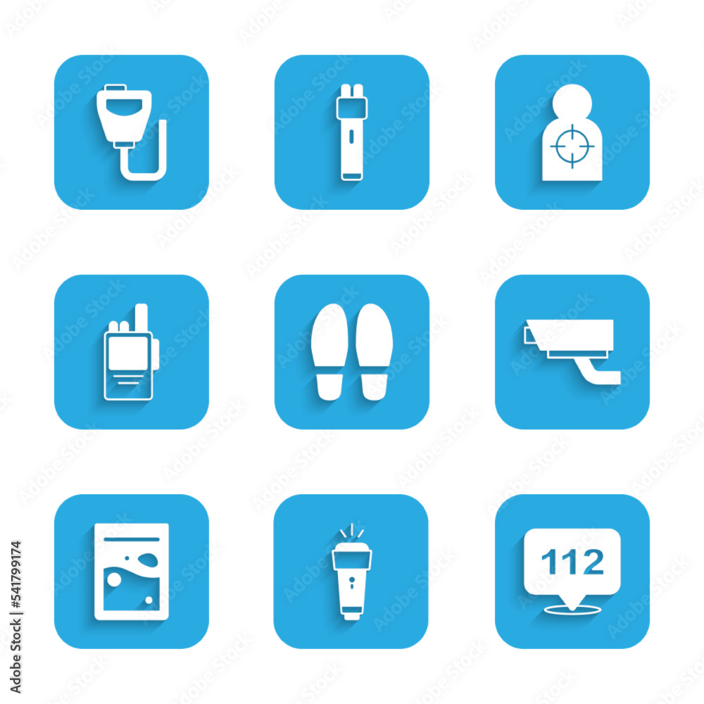 Set Footsteps, Flashlight, Telephone call 112, Security camera, Plastic bag of drug, Walkie talkie, Human target sport for shooting and icon. Vector Set Footsteps, Flashlight, Telephone call 112, Security camera, Plastic bag of drug, Walkie talkie, Human target sport for shooting and icon. Vector