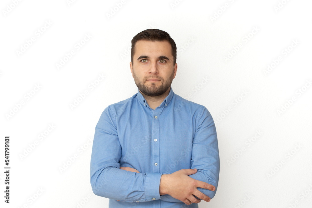 Caucasian adult man, with crossed arms portrait, isolated on white background