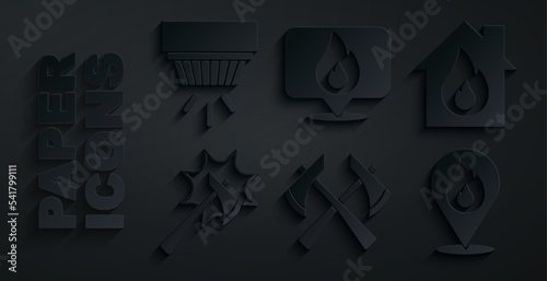 Set Firefighter axe, in burning house, Location with fire flame, and Smoke alarm system icon. Vector