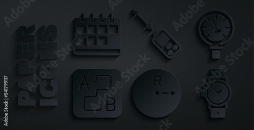 Set Radius, Pressure water meter, Route location, Wrist watch, Laser distance measurer and Calendar icon. Vector