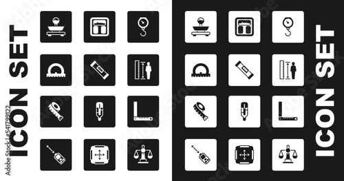 Set Hand scale spring mechanical, Construction bubble level, Protractor, Scales, Measuring height body, Bathroom scales, Corner ruler and tape icon. Vector
