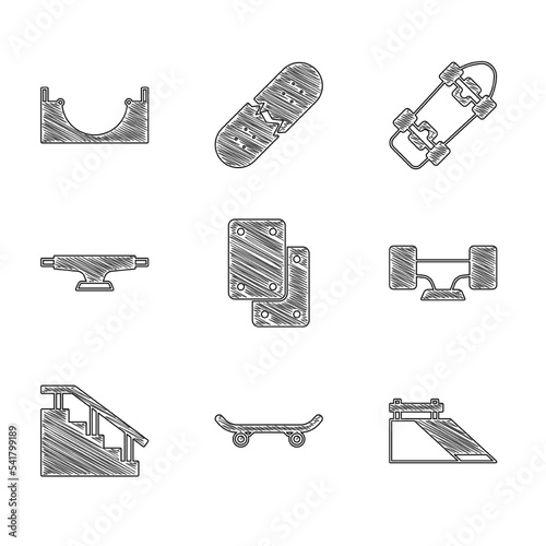 Set Knee pads, Skateboard, park, wheel, stairs with rail, and icon. Vector