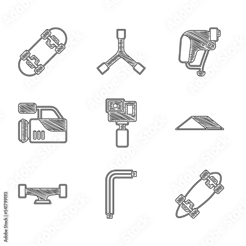 Set Action camera, Tool allen keys, Longboard or skateboard, Skate park, Skateboard wheel, Cinema, helmet and icon. Vector