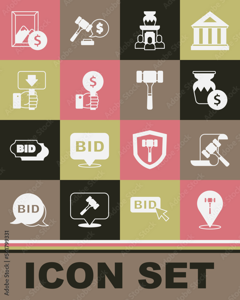 Set Auction hammer, ancient vase, Hand holding auction paddle, painting and icon. Vector Set Auction hammer, ancient vase, Hand holding auction paddle, painting and icon. Vector