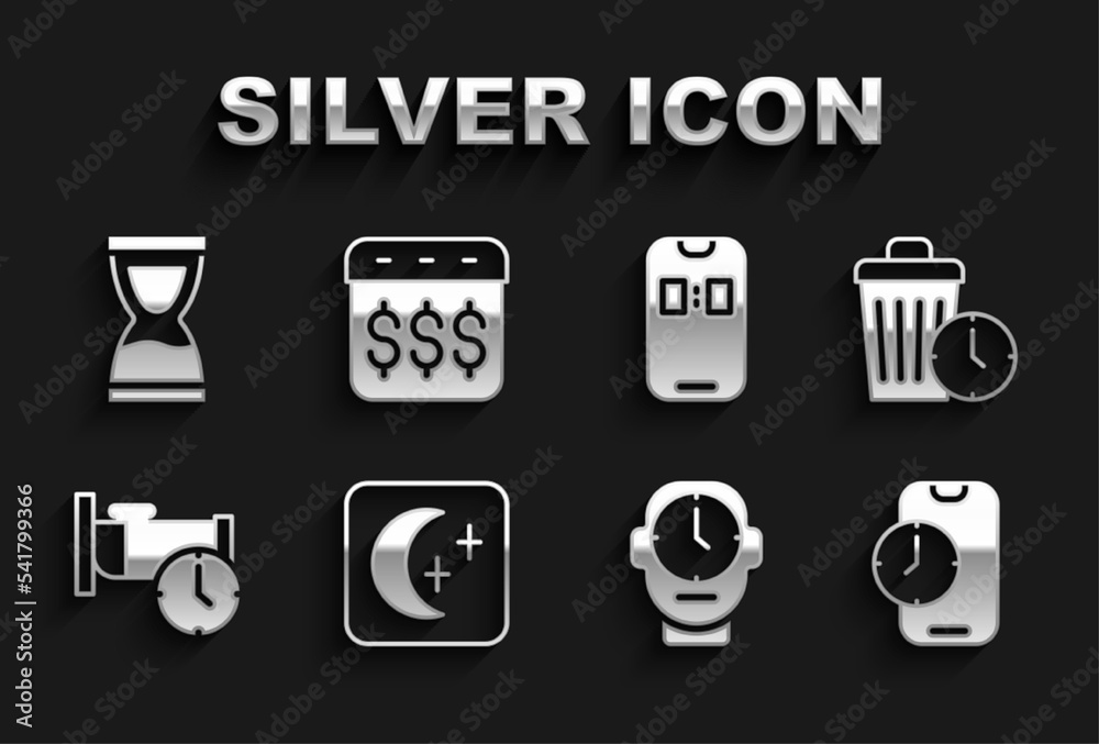 Set Moon and stars, Waste of time, Alarm clock app mobile, Clock, Time to sleep, Old hourglass and Payday, calendar with dollar icon. Vector Set Moon and stars, Waste of time, Alarm clock app mobile, Clock, Time to sleep, Old hourglass and Payday, calendar with dollar icon. Vector