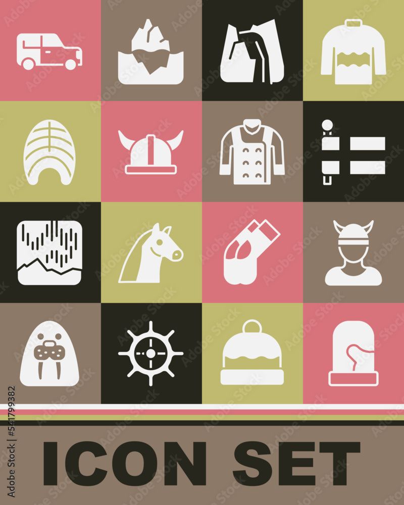 Set Christmas mittens, Viking head, Flag of Iceland, Waterfall, horned helmet, Fish steak, Car and Sweater icon. Vector Set Christmas mittens, Viking head, Flag of Iceland, Waterfall, horned helmet, Fish steak, Car and Sweater icon. Vector