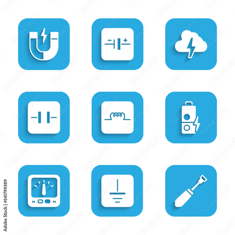 Set Inductor in electronic circuit, Electrical symbol ground, Screwdriver, Battery charge, Ampere meter, multimeter, Electrolytic capacitor, Cloud and lightning and Magnet icon. Vector Set Inductor in electronic circuit, Electrical symbol ground, Screwdriver, Battery charge, Ampere meter, multimeter, Electrolytic capacitor, Cloud and lightning and Magnet icon. Vector