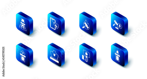 Set Online auction, Auction hammer, price, auctioneer sells, Hand holding paddle, jewelry sale, and ancient vase icon. Vector