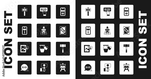 Set Online auction, Auction auctioneer sells, Hand holding paddle, painting sold, Bid, hammer and icon. Vector