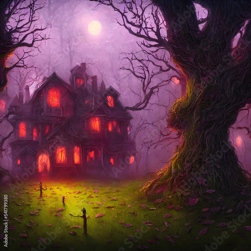 An Illustration of an old haunted house with light in its windows surrounded by trees in a dark forest