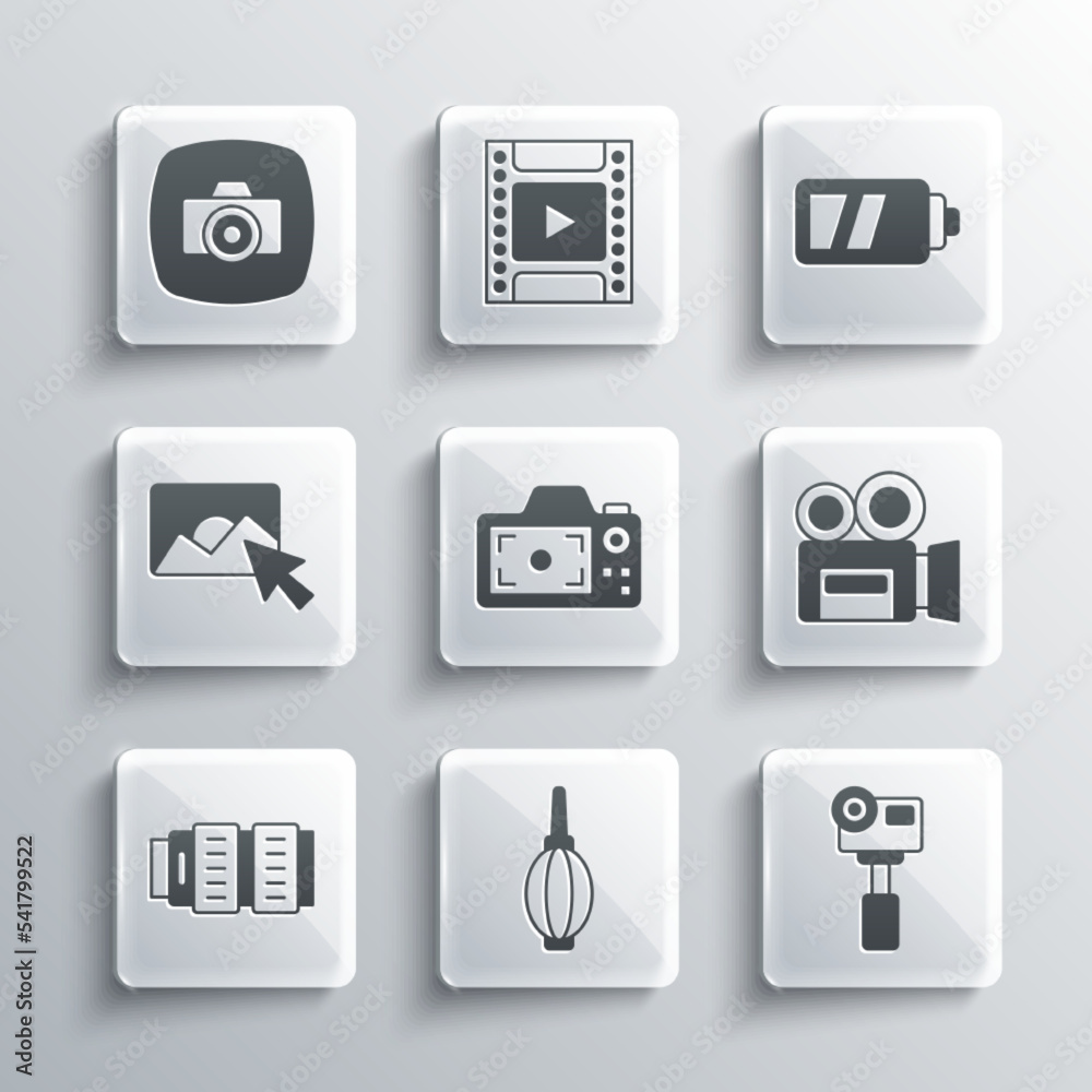 Set Dust blower, Action extreme camera, Retro cinema, Photo, Camera photo lens, retouching, and Battery for icon. Vector