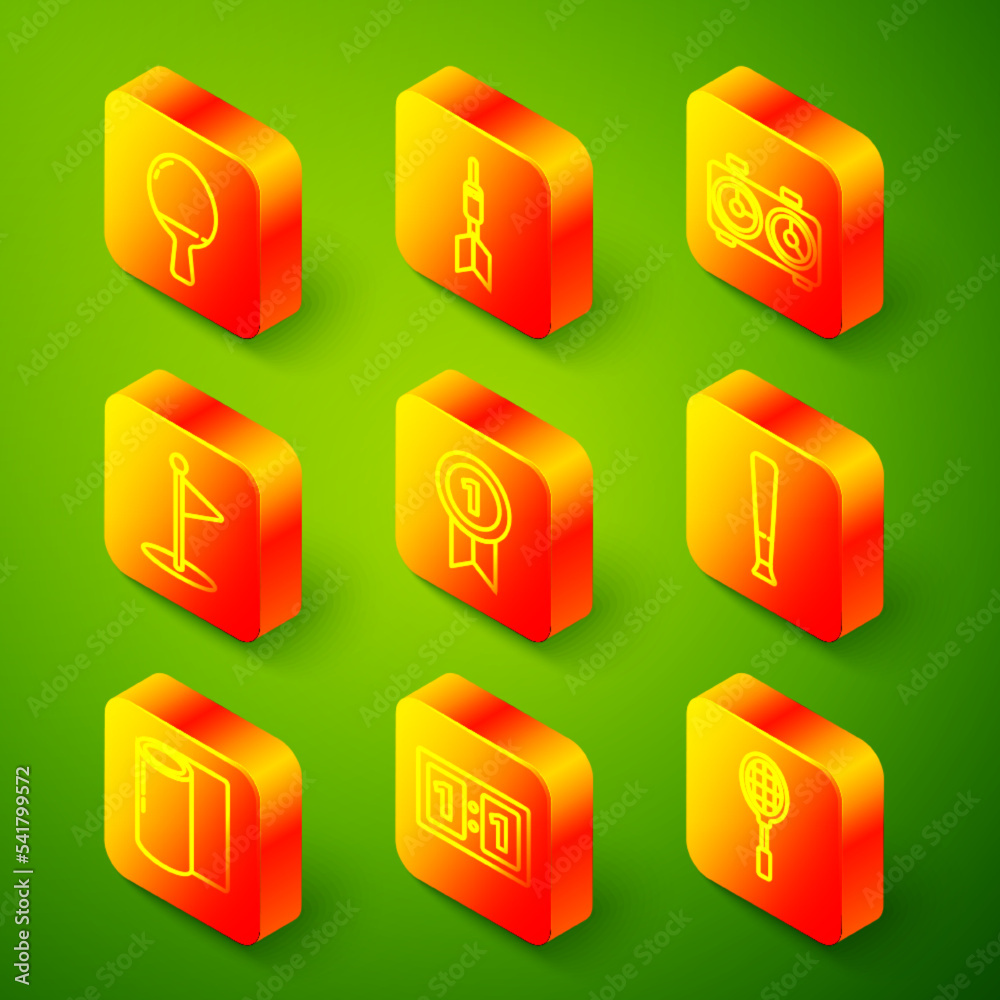 Set line Racket for playing table tennis, Dart arrow, Time chess clock, Golf flag, Medal, Baseball bat, Fitness mat roll and Sport mechanical scoreboard icon. Vector Set line Racket for playing table tennis, Dart arrow, Time chess clock, Golf flag, Medal, Baseball bat, Fitness mat roll and Sport mechanical scoreboard icon. Vector