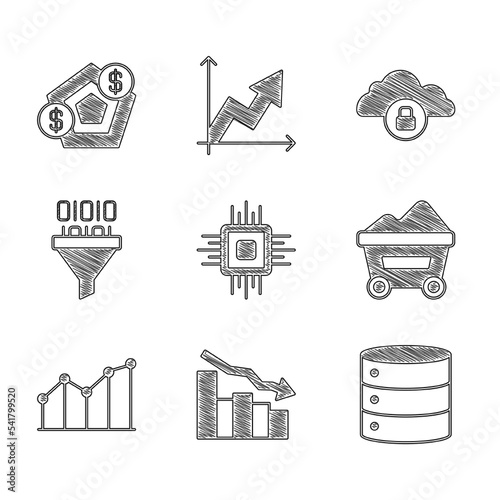 Set Processor CPU, Financial growth decrease, Server, Coal mine trolley, Pie chart infographic, Binary code, Cloud computing lock and icon. Vector