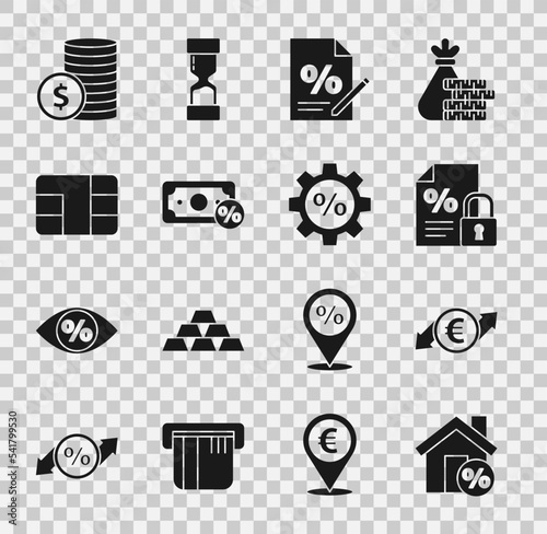Set House with percant discount, Financial growth and euro coin, Finance document lock, Money percent, Credit card chip, Coin money dollar and Gear icon. Vector