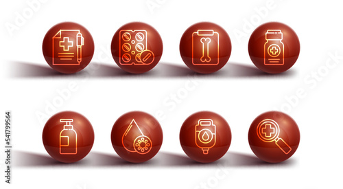 Set line Medical prescription and pen, Hand sanitizer bottle, Medicine, IV bag, Blood test virus, Pills blister pack, Magnifying glass for search medical and X-ray shots icon. Vector