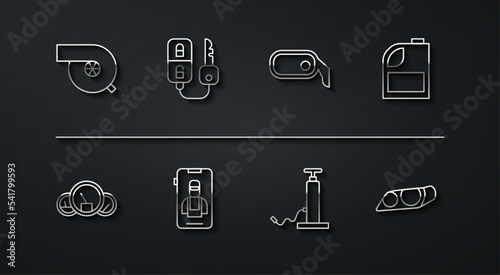 Set line Automotive turbocharger, Speedometer, Canister for motor machine oil, Car air pump, Online car services, key with remote, headlight and rearview mirror icon. Vector