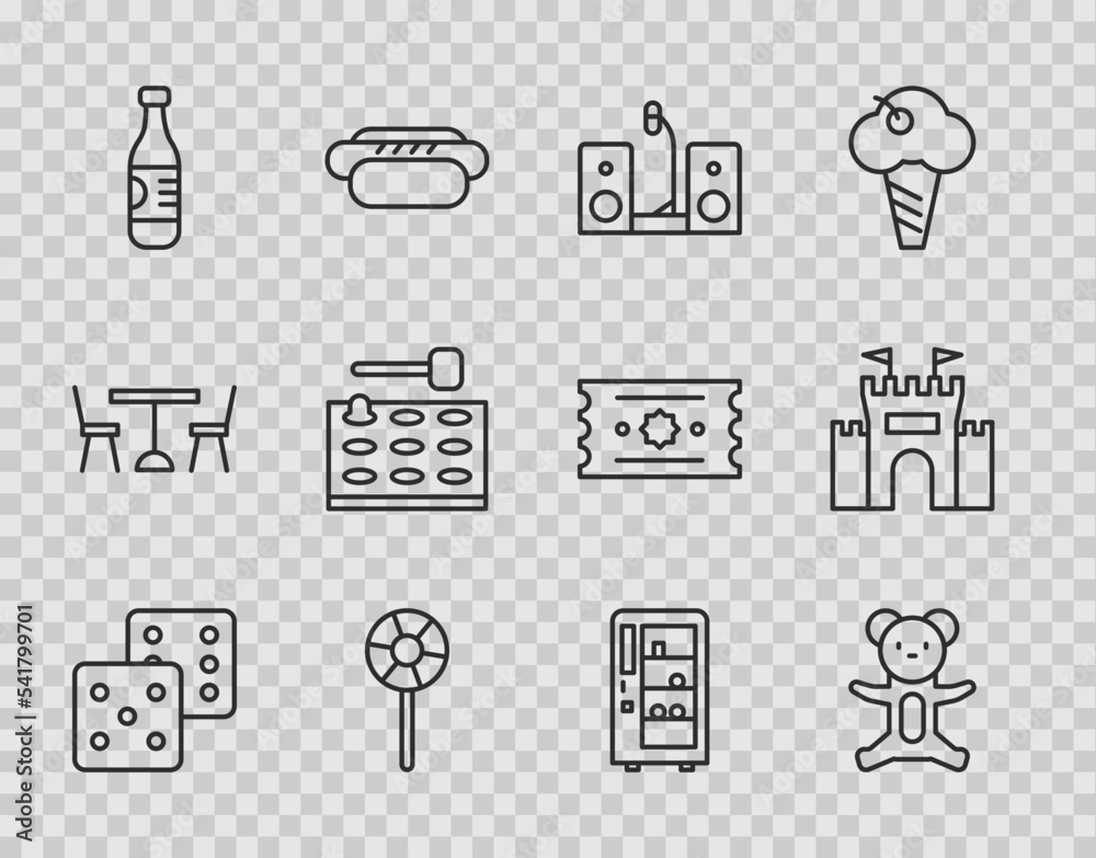 Set line Game dice, Teddy bear plush toy, Home stereo with two speakers, Lollipop, Bottle of water, Arcade game machine, Vending and Castle icon. Vector Set line Game dice, Teddy bear plush toy, Home stereo with two speakers, Lollipop, Bottle of water, Arcade game machine, Vending and Castle icon. Vector
